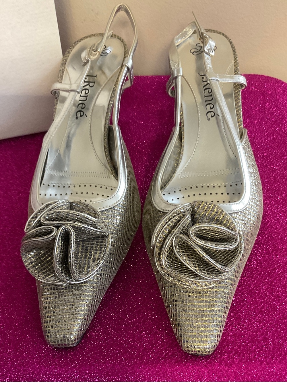 J.Renee Silver Glitter Pointed Slingback Heels with Rosette